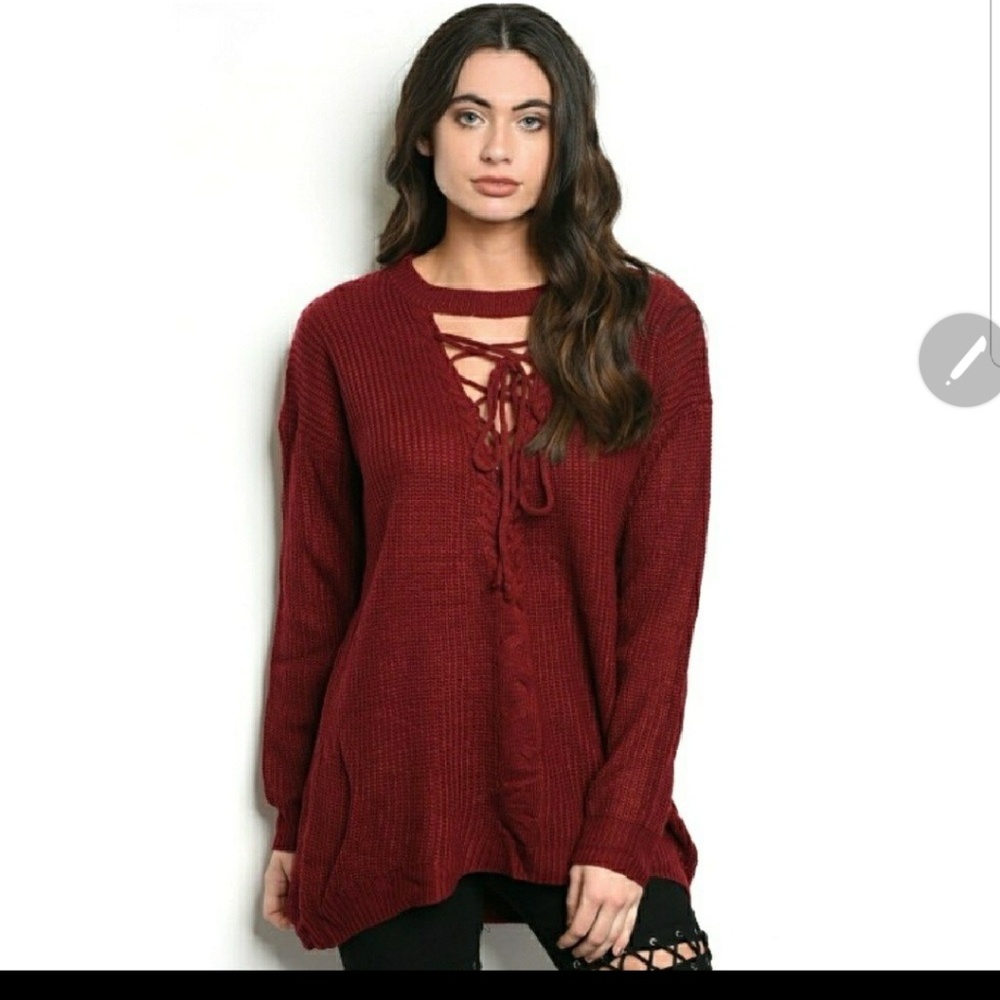 Tantalyzn Apparel Burgundy Lace-Up Sweater
